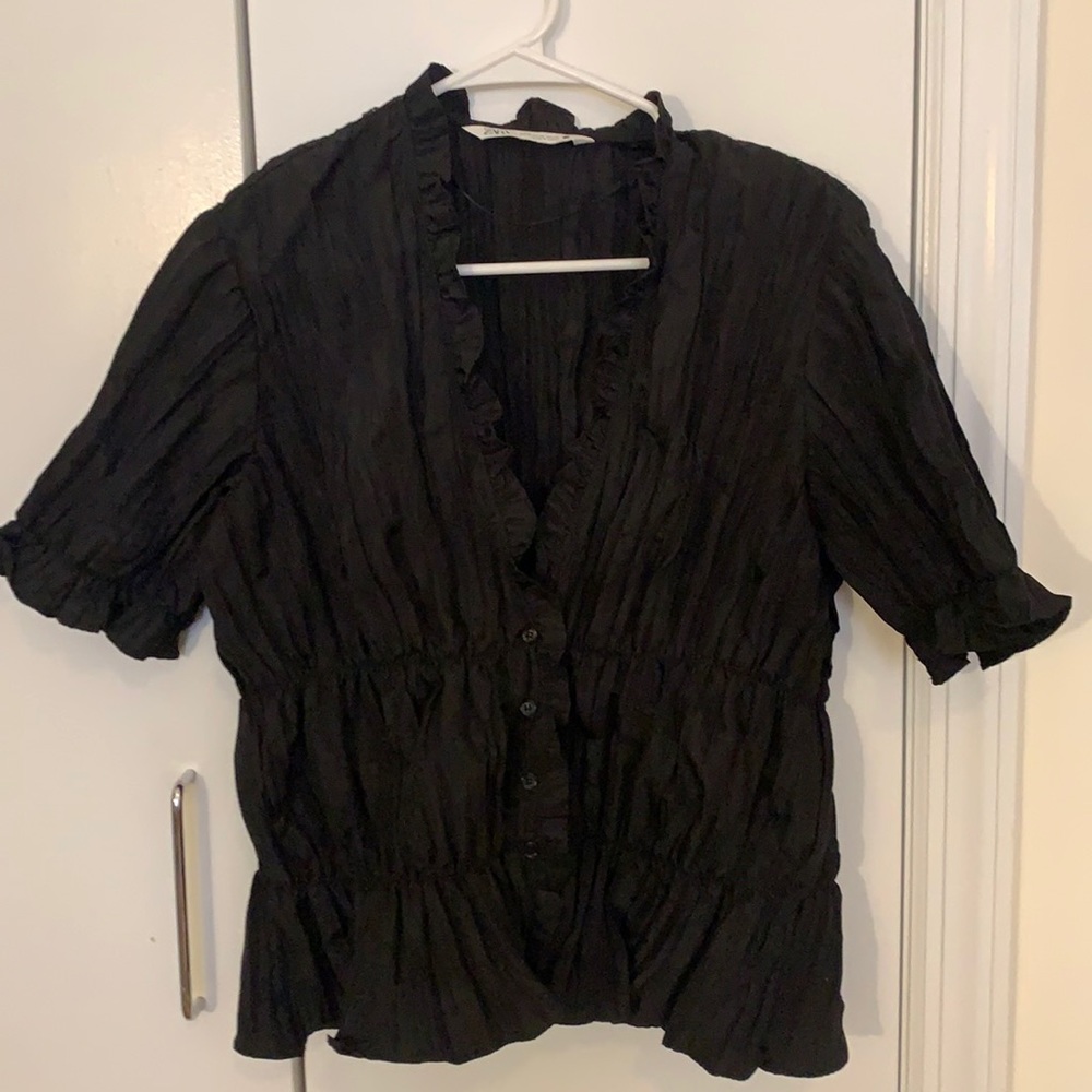 Black Zara Button Down Office Shirt with Elastic Puff Waist